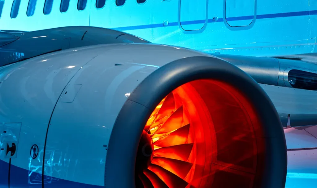 Jet engine turbine highlighting advanced aerospace technology.